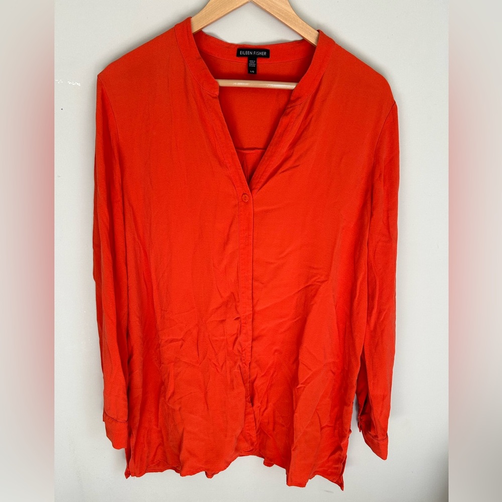 EILEEN FISHER Georgette 100% SILK Crepe Blouse Top, L - Red - $298